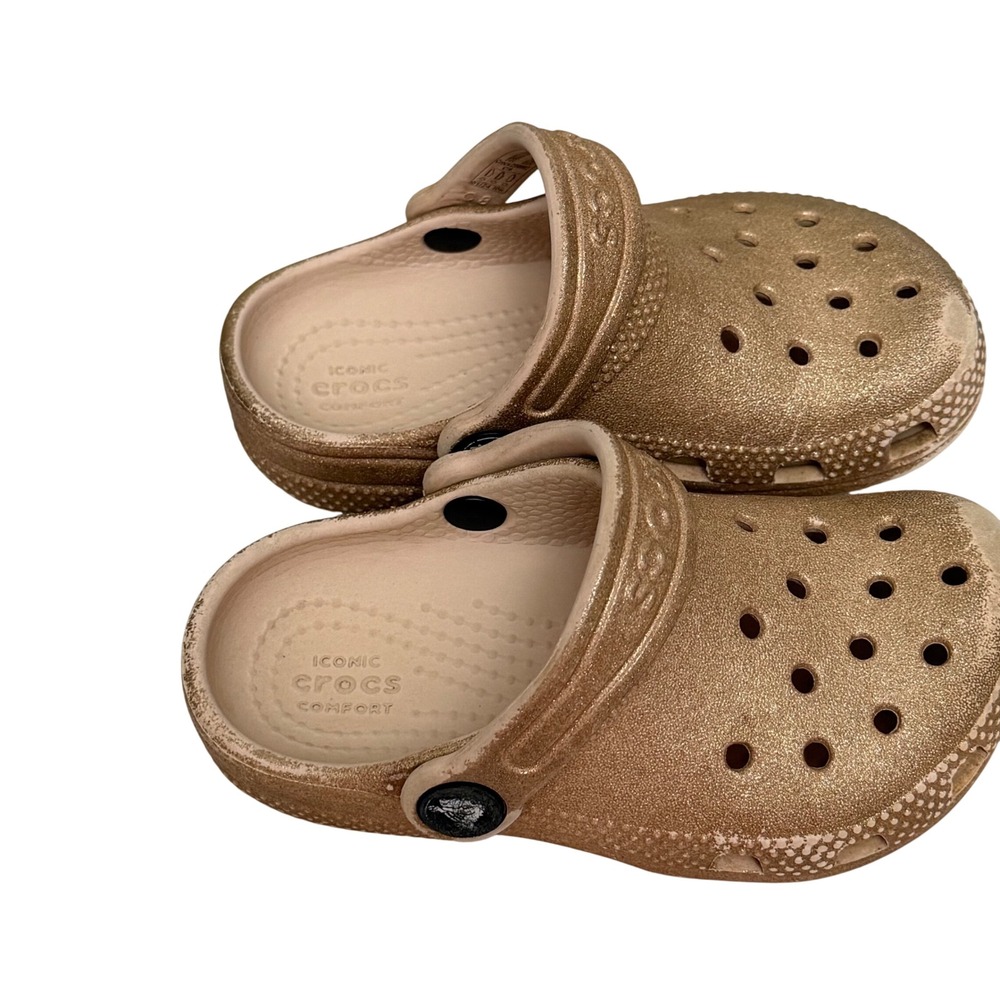 Crocs Classic Clog Kids Gold Glitter Metallic Sparkly Slip On Sandals Size C8 - Picture 3 of 6